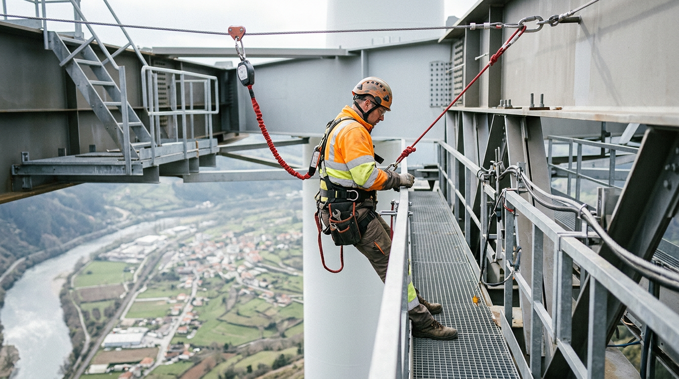 Worker secured with safety harness doing inspection on high metal platform